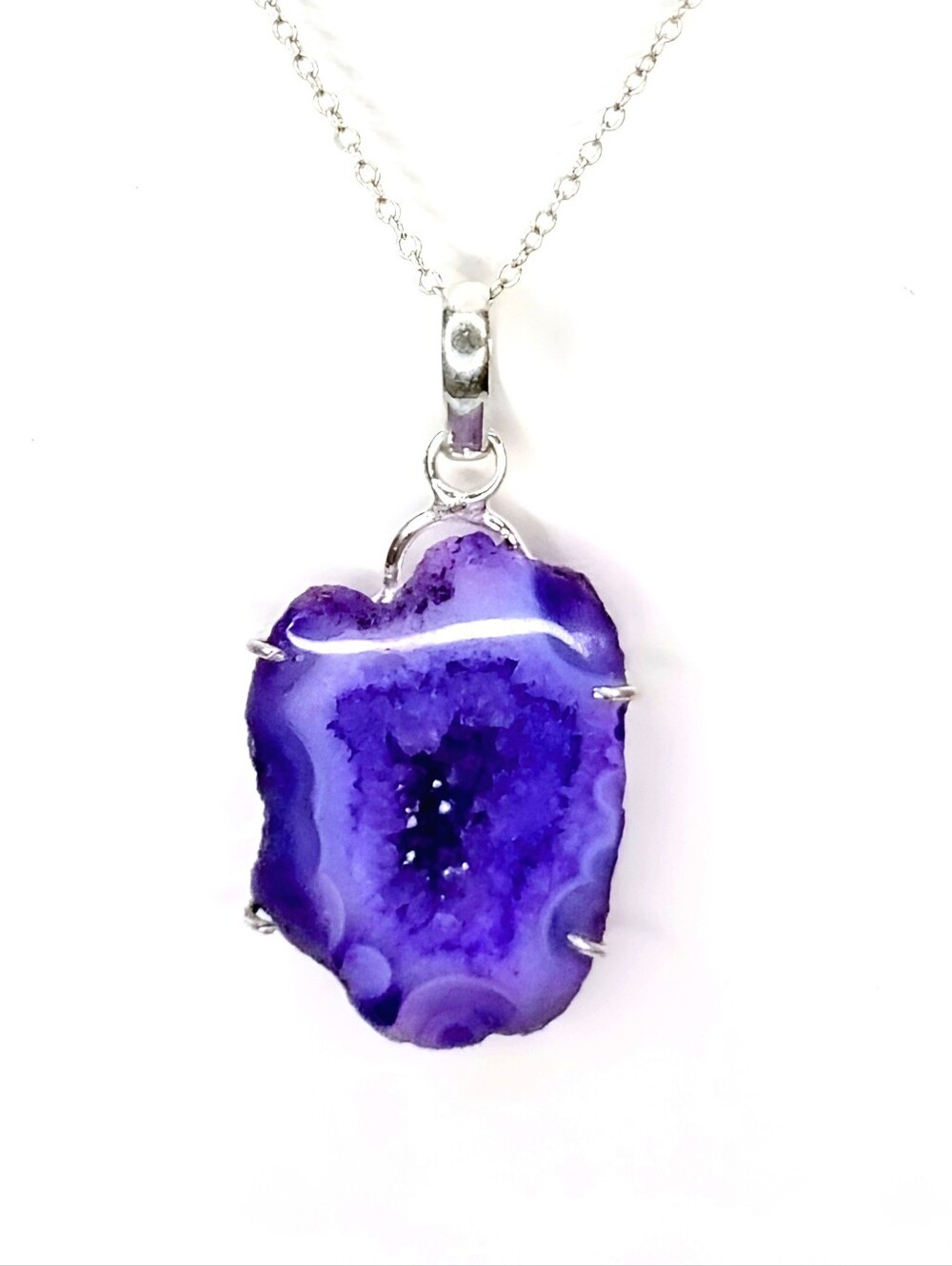 Purple Botswana Agate Druzy Geode  Pendant 925 Sterling Silver Pendant Necklace